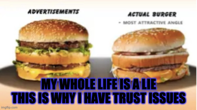 Why You should never trust Advertisments | MY WHOLE LIFE IS A LIE
THIS IS WHY I HAVE TRUST ISSUES | image tagged in memes | made w/ Imgflip meme maker