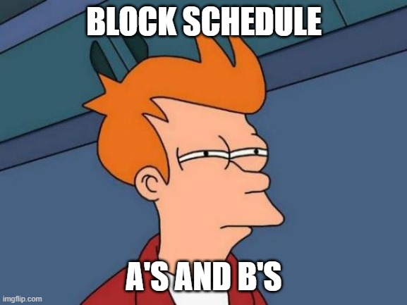 Futurama Fry | BLOCK SCHEDULE; A'S AND B'S | image tagged in memes,futurama fry | made w/ Imgflip meme maker