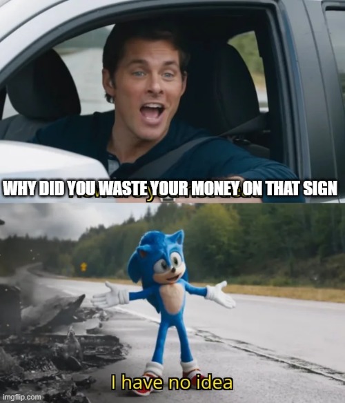 Sonic I have no idea | WHY DID YOU WASTE YOUR MONEY ON THAT SIGN | image tagged in sonic i have no idea | made w/ Imgflip meme maker