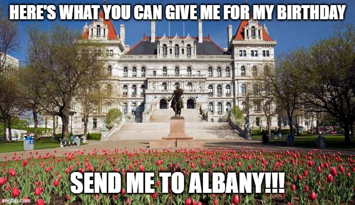 davisforstatesenate.com | HERE'S WHAT YOU CAN GIVE ME FOR MY BIRTHDAY; SEND ME TO ALBANY!!! | image tagged in birthday wishes | made w/ Imgflip meme maker