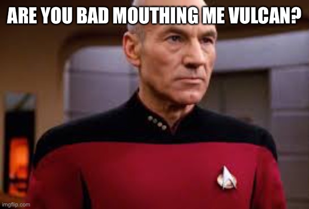 Hey Green Blood | ARE YOU BAD MOUTHING ME VULCAN? | image tagged in star trek picars,the luke of jean,picard picardo | made w/ Imgflip meme maker