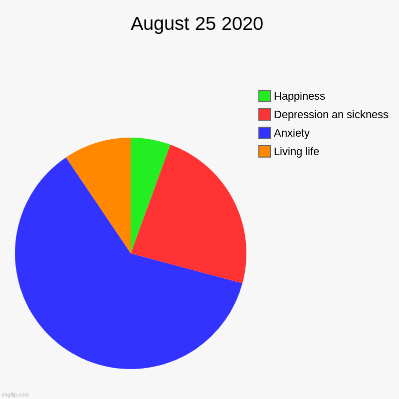 Today. | August 25 2020 | Living life, Anxiety, Depression an sickness, Happiness | image tagged in charts,pie charts | made w/ Imgflip chart maker