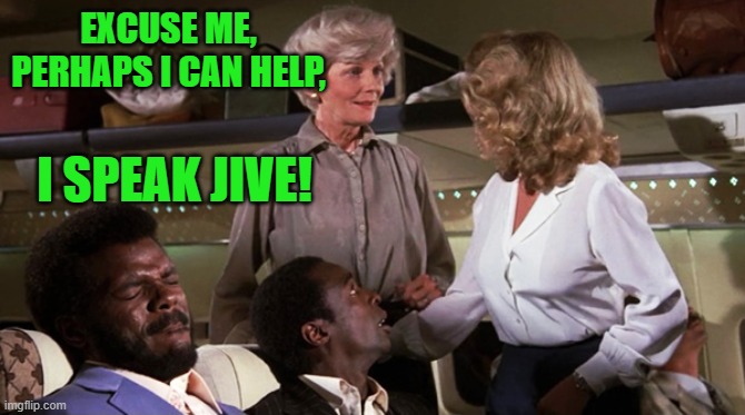 Airplane Jive | EXCUSE ME, PERHAPS I CAN HELP, I SPEAK JIVE! | image tagged in airplane jive | made w/ Imgflip meme maker