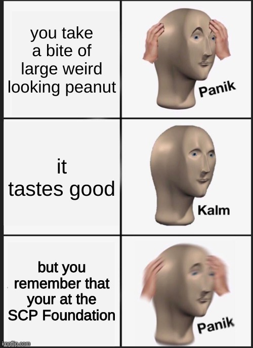 look at what you eat or it will snap your neck | you take a bite of large weird looking peanut; it tastes good; but you remember that your at the SCP Foundation | image tagged in memes,panik kalm panik | made w/ Imgflip meme maker