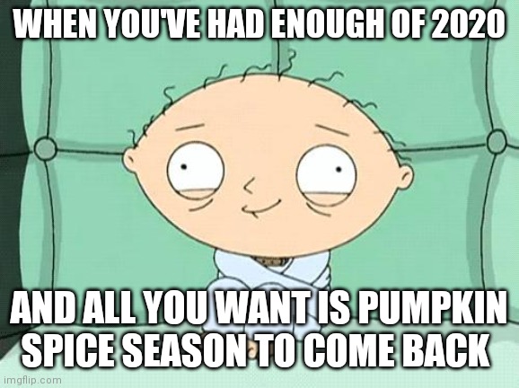 stewie straight jacket | WHEN YOU'VE HAD ENOUGH OF 2020; AND ALL YOU WANT IS PUMPKIN SPICE SEASON TO COME BACK | image tagged in stewie straight jacket | made w/ Imgflip meme maker