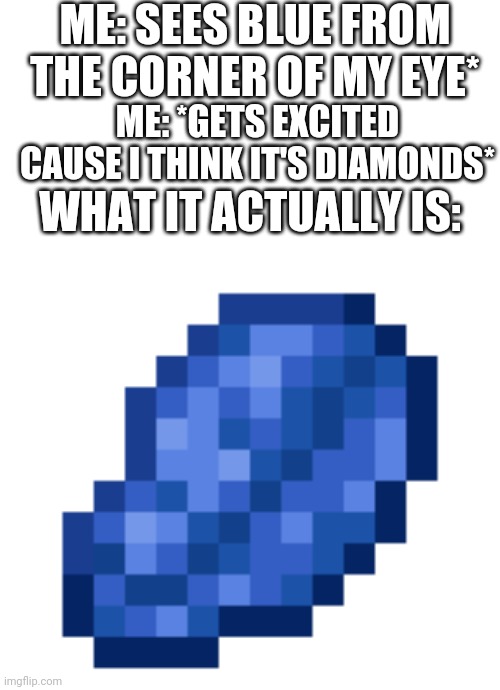 Well on the bright side at least you can enchant some stuff | ME: SEES BLUE FROM THE CORNER OF MY EYE*; ME: *GETS EXCITED CAUSE I THINK IT'S DIAMONDS*; WHAT IT ACTUALLY IS: | image tagged in minecraft,lapis lazuli,diamonds | made w/ Imgflip meme maker