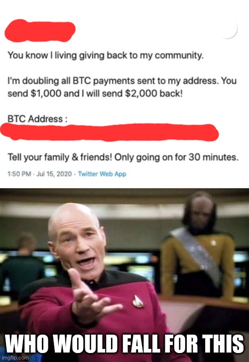 who the hell would fall for this | WHO WOULD FALL FOR THIS | image tagged in memes,picard wtf,internet scam,random shit | made w/ Imgflip meme maker