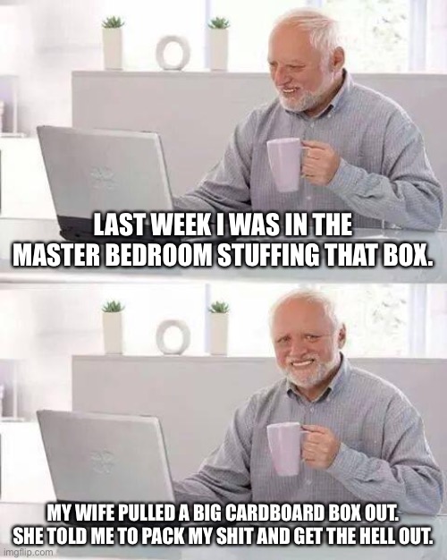 Wifey is boxing him out | LAST WEEK I WAS IN THE MASTER BEDROOM STUFFING THAT BOX. MY WIFE PULLED A BIG CARDBOARD BOX OUT. SHE TOLD ME TO PACK MY SHIT AND GET THE HELL OUT. | image tagged in memes,hide the pain harold,box,men and women,wife,bad joke | made w/ Imgflip meme maker