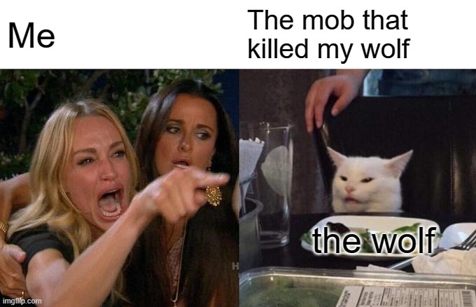 Minecraft relatable | Me; The mob that killed my wolf; the wolf | image tagged in memes,woman yelling at cat | made w/ Imgflip meme maker