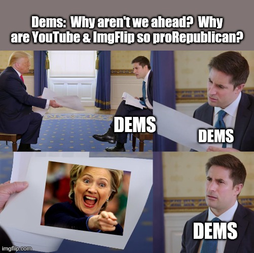 Why are Message not working?? | Dems:  Why aren't we ahead?  Why are YouTube & ImgFlip so proRepublican? DEMS; DEMS; DEMS | image tagged in trump interview | made w/ Imgflip meme maker