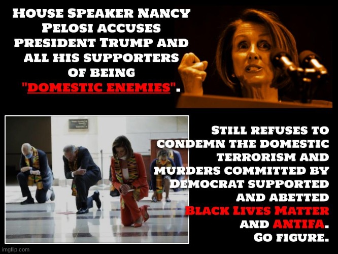 It's hard to condemn actual enemies of the state when you're busy kneeling to and supporting them | image tagged in nancy pelosi,democrats,political,politics,blm,antifa | made w/ Imgflip meme maker