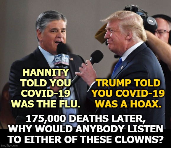 Hannity has told several people he thinks Trump is absolutely crazy. | HANNITY TOLD YOU COVID-19 WAS THE FLU. TRUMP TOLD YOU COVID-19 WAS A HOAX. 175,000 DEATHS LATER, WHY WOULD ANYBODY LISTEN TO EITHER OF THESE CLOWNS? | image tagged in hannity,trump,users,crazy,nuts,stupid | made w/ Imgflip meme maker