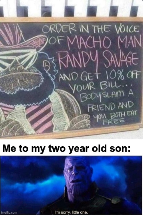 No children were harmed during the creation of this meme. | Me to my two year old son: | image tagged in thanos i'm sorry little one | made w/ Imgflip meme maker