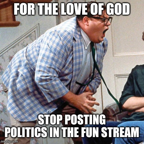 Mods are obviously falling down on the job | FOR THE LOVE OF GOD; STOP POSTING POLITICS IN THE FUN STREAM | image tagged in chris farley for the love of god | made w/ Imgflip meme maker