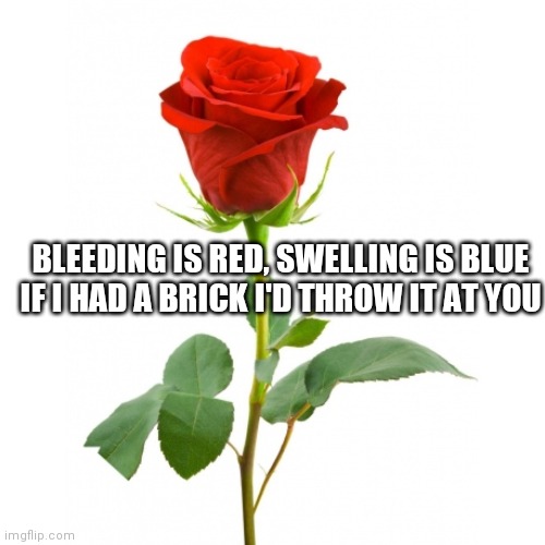 Roses Are Red | BLEEDING IS RED, SWELLING IS BLUE IF I HAD A BRICK I'D THROW IT AT YOU | image tagged in roses are red | made w/ Imgflip meme maker