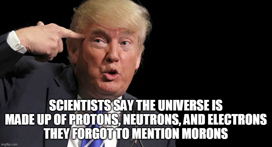moron | SCIENTISTS SAY THE UNIVERSE IS MADE UP OF PROTONS, NEUTRONS, AND ELECTRONS
THEY FORGOT TO MENTION MORONS | image tagged in trump | made w/ Imgflip meme maker