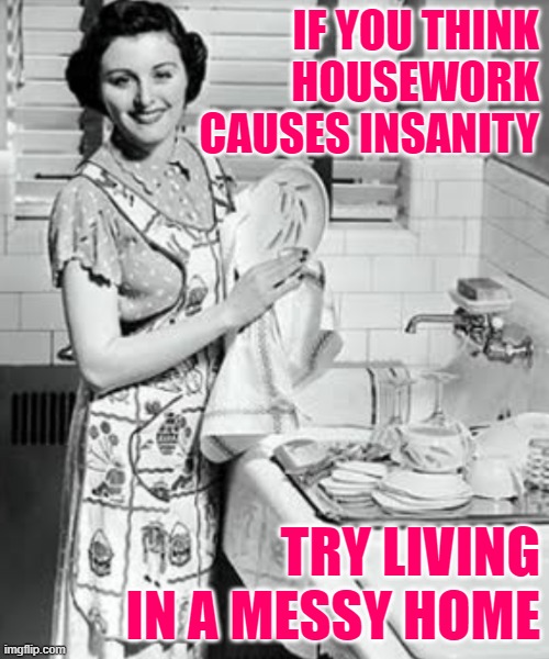Housework Insanity | IF YOU THINK
HOUSEWORK CAUSES INSANITY; TRY LIVING IN A MESSY HOME | image tagged in washing dishes,housework,housewife,so true memes,cleaning,life lessons | made w/ Imgflip meme maker