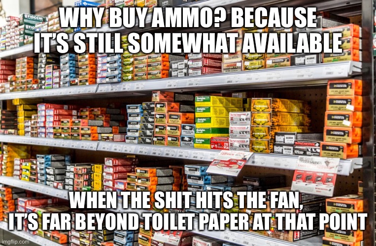 Ammo rips paper | WHY BUY AMMO? BECAUSE IT’S STILL SOMEWHAT AVAILABLE; WHEN THE SHIT HITS THE FAN, 
IT’S FAR BEYOND TOILET PAPER AT THAT POINT | image tagged in ammo,toilet paper | made w/ Imgflip meme maker