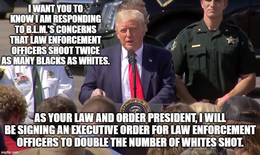 Clearly NOT Racist | I WANT YOU TO KNOW I AM RESPONDING TO B.L.M.'S CONCERNS THAT LAW ENFORCEMENT OFFICERS SHOOT TWICE AS MANY BLACKS AS WHITES. AS YOUR LAW AND ORDER PRESIDENT, I WILL BE SIGNING AN EXECUTIVE ORDER FOR LAW ENFORCEMENT OFFICERS TO DOUBLE THE NUMBER OF WHITES SHOT. | image tagged in trump,blm,law | made w/ Imgflip meme maker