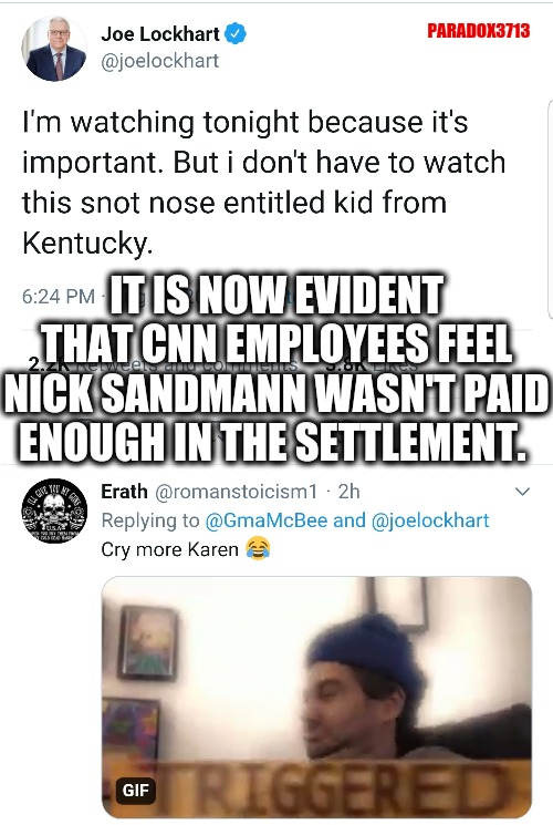 When you get so thoughtlessly triggered at a kid making millions off your employer, you put the company in jeopardy again. | PARADOX3713; IT IS NOW EVIDENT THAT CNN EMPLOYEES FEEL NICK SANDMANN WASN'T PAID ENOUGH IN THE SETTLEMENT. | image tagged in memes,politics,cnn,fake news,humiliation,triggered | made w/ Imgflip meme maker