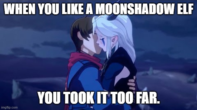 too far lol | WHEN YOU LIKE A MOONSHADOW ELF; YOU TOOK IT TOO FAR. | image tagged in funny meme | made w/ Imgflip meme maker
