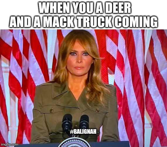 Gtfo the way girl | WHEN YOU A DEER AND A MACK TRUCK COMING; #BALIGNAH | image tagged in melania trump,republican national convention,republicans,donald trump,idiot,original meme | made w/ Imgflip meme maker