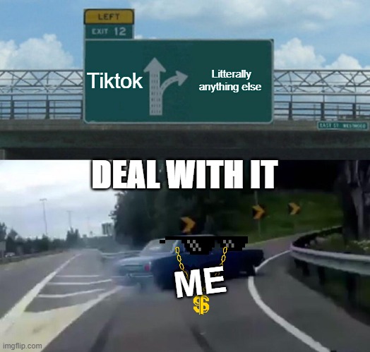EPIC MEME | Tiktok; Litterally anything else; DEAL WITH IT; ME | image tagged in memes,left exit 12 off ramp | made w/ Imgflip meme maker