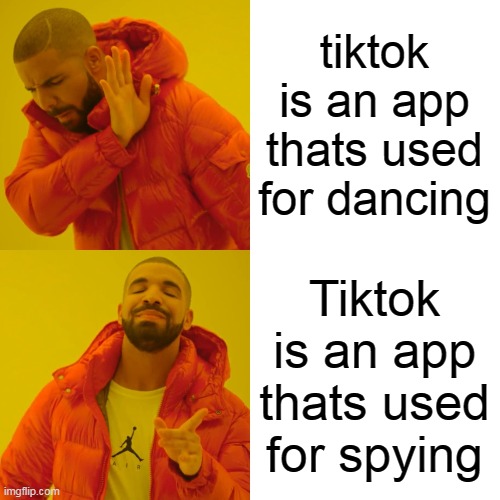 Hmmmm I hate tiktok TIKTOKERS SHALL DIE | tiktok is an app thats used for dancing; Tiktok is an app thats used for spying | image tagged in memes,drake hotline bling | made w/ Imgflip meme maker