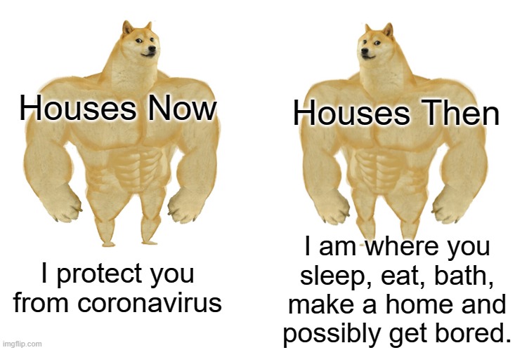 Houses | Houses Then; Houses Now; I am where you sleep, eat, bath, make a home and possibly get bored. I protect you from coronavirus | image tagged in buff doge vs crying cheems,memes | made w/ Imgflip meme maker