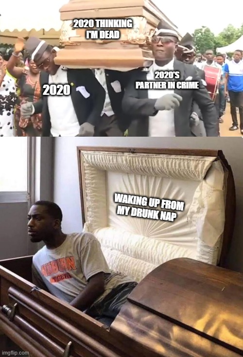  2020 THINKING I'M DEAD; 2020'S PARTNER IN CRIME; 2020; WAKING UP FROM MY DRUNK NAP | image tagged in coffin dance | made w/ Imgflip meme maker
