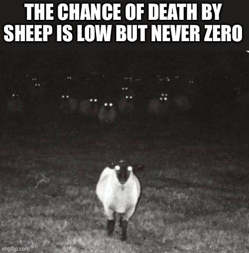 Death by Sheep | THE CHANCE OF DEATH BY SHEEP IS LOW BUT NEVER ZERO | image tagged in sheep,death,isaac_laugh | made w/ Imgflip meme maker