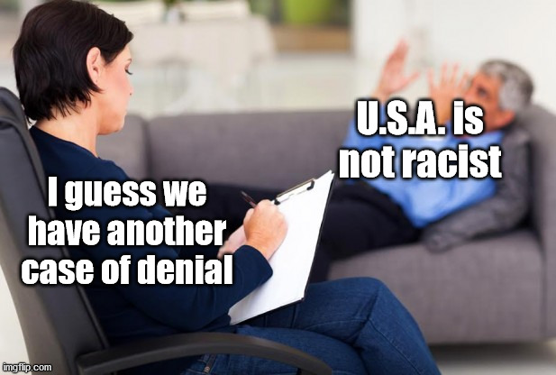 psychiatrist | U.S.A. is not racist I guess we have another case of denial | image tagged in psychiatrist | made w/ Imgflip meme maker