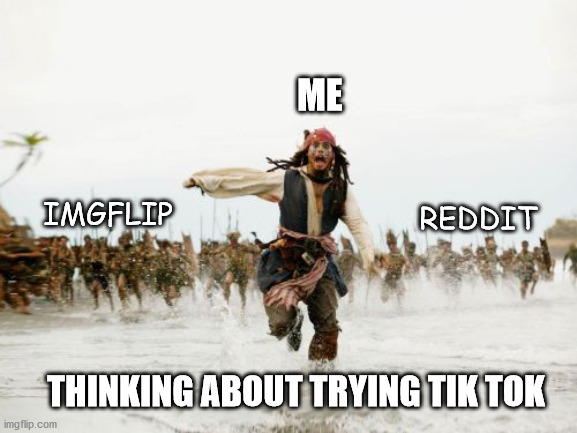 Just wanna know what all the fuss is about | ME; IMGFLIP; REDDIT; THINKING ABOUT TRYING TIK TOK | image tagged in memes,jack sparrow being chased,funny,tik tok,running,chase | made w/ Imgflip meme maker