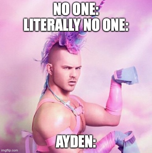 Ayden…. | NO ONE:
LITERALLY NO ONE:; AYDEN: | image tagged in memes,unicorn man | made w/ Imgflip meme maker