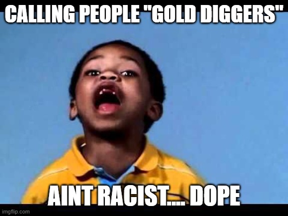 That's racist 2 | CALLING PEOPLE "GOLD DIGGERS" AINT RACIST.... DOPE | image tagged in that's racist 2 | made w/ Imgflip meme maker