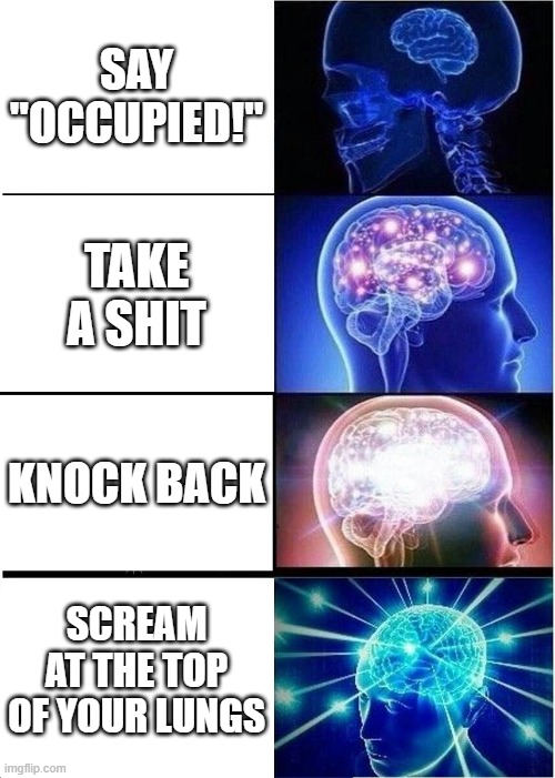 When people knock while you shit | SAY "OCCUPIED!"; TAKE A SHIT; KNOCK BACK; SCREAM AT THE TOP OF YOUR LUNGS | image tagged in memes,expanding brain | made w/ Imgflip meme maker