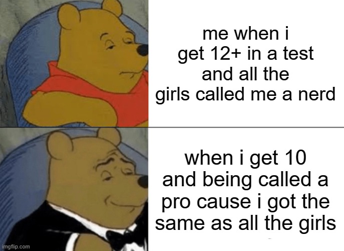 Tuxedo Winnie The Pooh | me when i get 12+ in a test and all the girls called me a nerd; when i get 10 and being called a pro cause i got the same as all the girls | image tagged in memes,tuxedo winnie the pooh | made w/ Imgflip meme maker
