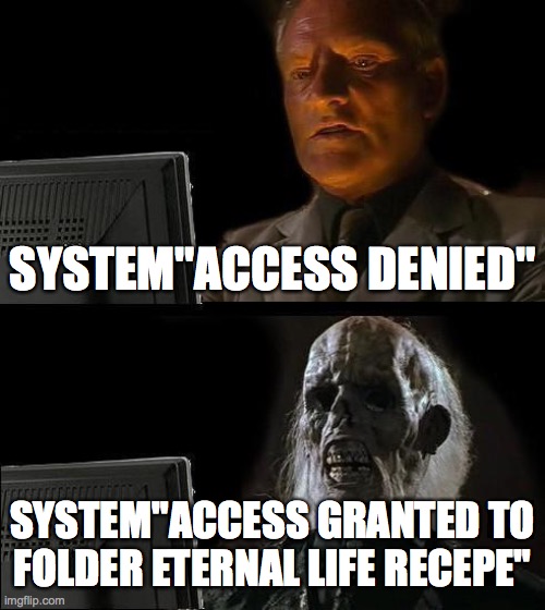 Computer access | SYSTEM"ACCESS DENIED"; SYSTEM"ACCESS GRANTED TO FOLDER ETERNAL LIFE RECEPE" | image tagged in memes,i'll just wait here | made w/ Imgflip meme maker