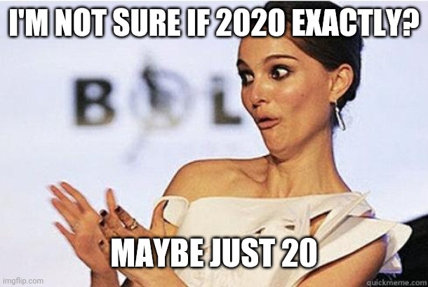Sarcastic Natalie Portman | I'M NOT SURE IF 2020 EXACTLY? MAYBE JUST 20 | image tagged in sarcastic natalie portman | made w/ Imgflip meme maker