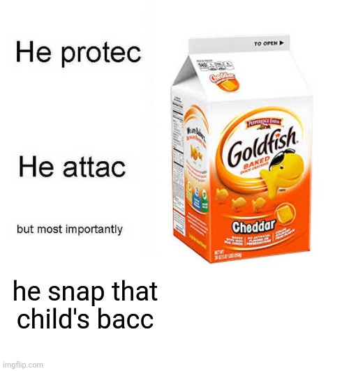 He protec he attac but most importantly | he snap that child's bacc | image tagged in he protec he attac but most importantly | made w/ Imgflip meme maker