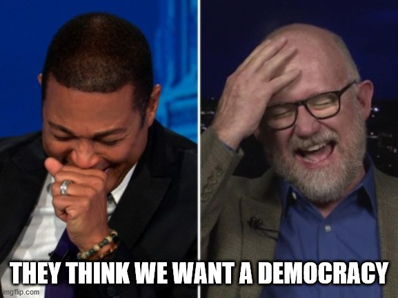 Lemmon and Wilson call us Illiterate Rubes | THEY THINK WE WANT A DEMOCRACY | image tagged in lemmon and wilson call us illiterate rubes | made w/ Imgflip meme maker