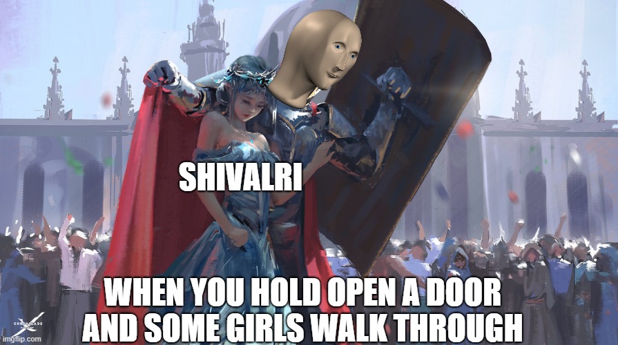 Knight Protecting Princess |  SHIVALRI; WHEN YOU HOLD OPEN A DOOR AND SOME GIRLS WALK THROUGH | image tagged in knight protecting princess | made w/ Imgflip meme maker