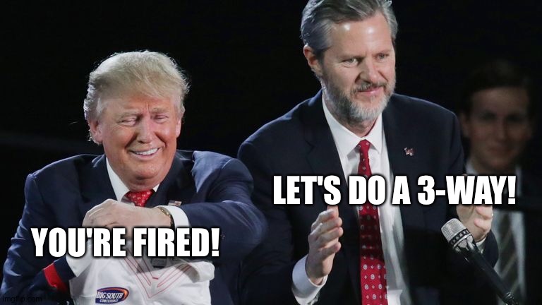 Birds of a feather | LET'S DO A 3-WAY! YOU'RE FIRED! | image tagged in trump,falwell jr | made w/ Imgflip meme maker