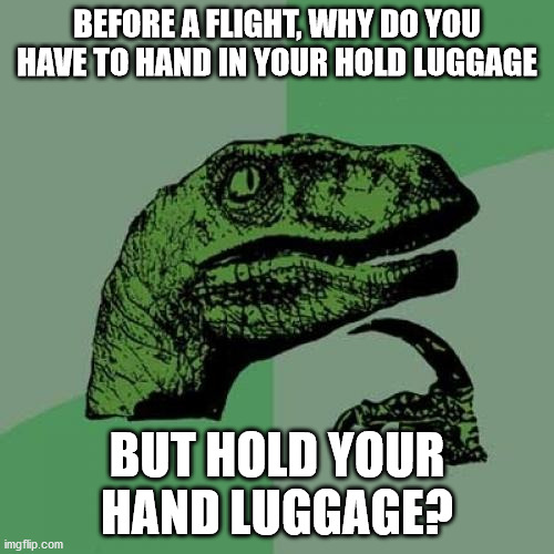 Airline luggage conundrum | BEFORE A FLIGHT, WHY DO YOU HAVE TO HAND IN YOUR HOLD LUGGAGE; BUT HOLD YOUR HAND LUGGAGE? | image tagged in memes,philosoraptor | made w/ Imgflip meme maker