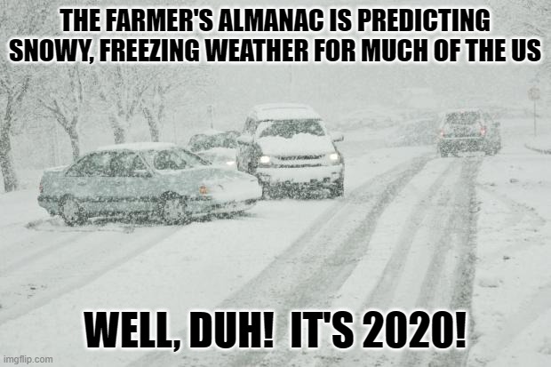 2020 Weather | THE FARMER'S ALMANAC IS PREDICTING SNOWY, FREEZING WEATHER FOR MUCH OF THE US; WELL, DUH!  IT'S 2020! | image tagged in winter driving | made w/ Imgflip meme maker