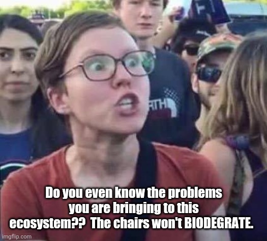 Angry Liberal | Do you even know the problems you are bringing to this ecosystem??  The chairs won't BIODEGRATE. | image tagged in angry liberal | made w/ Imgflip meme maker