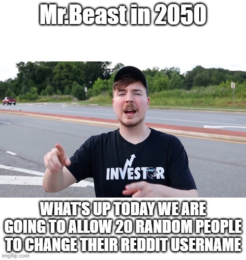 Mr.Beast in 2050; WHAT'S UP TODAY WE ARE GOING TO ALLOW 20 RANDOM PEOPLE TO CHANGE THEIR REDDIT USERNAME | image tagged in blank white template,memes | made w/ Imgflip meme maker