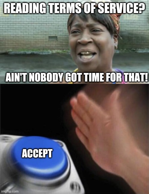 READING TERMS OF SERVICE? AIN'T NOBODY GOT TIME FOR THAT! ACCEPT | image tagged in sweet brown,memes,blank nut button | made w/ Imgflip meme maker