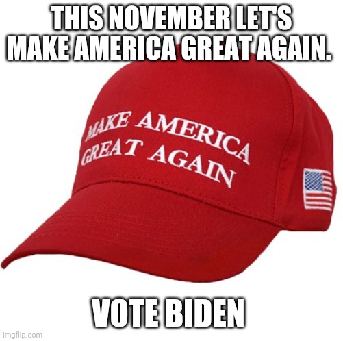 Maga again | THIS NOVEMBER LET'S MAKE AMERICA GREAT AGAIN. VOTE BIDEN | image tagged in maga hat,election 2020,trump supporter,donald trump,joe biden | made w/ Imgflip meme maker