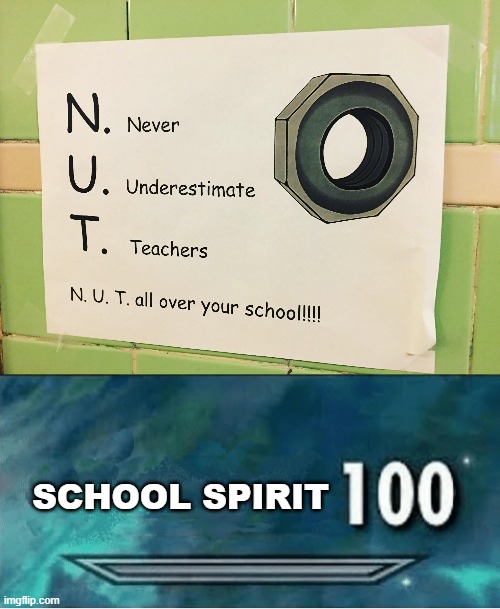 nut all over your school? |  SCHOOL SPIRIT | image tagged in skyrim 100 blank,skyrim,school,middle school,funny,memes | made w/ Imgflip meme maker